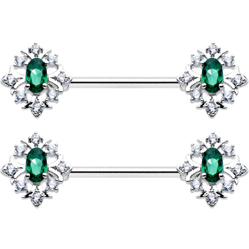 14G 9/16 Clear Green Gem Ornate Art Deco Barbell Nipple Ring Set