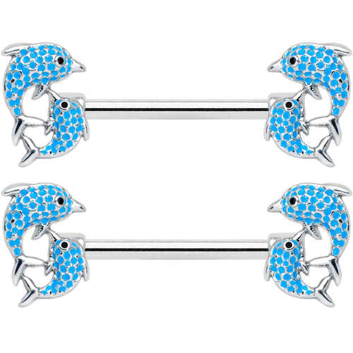 14G 9/16 Black Blue Gem Leaping Dolphin Barbell Nipple Ring Set