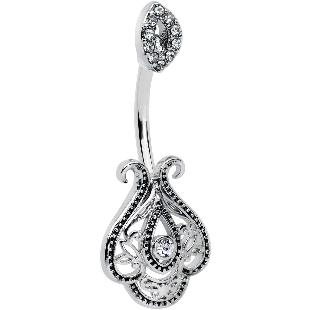 Clear Gem Art Deco Oval Scrollwork Double Mount Belly Ring