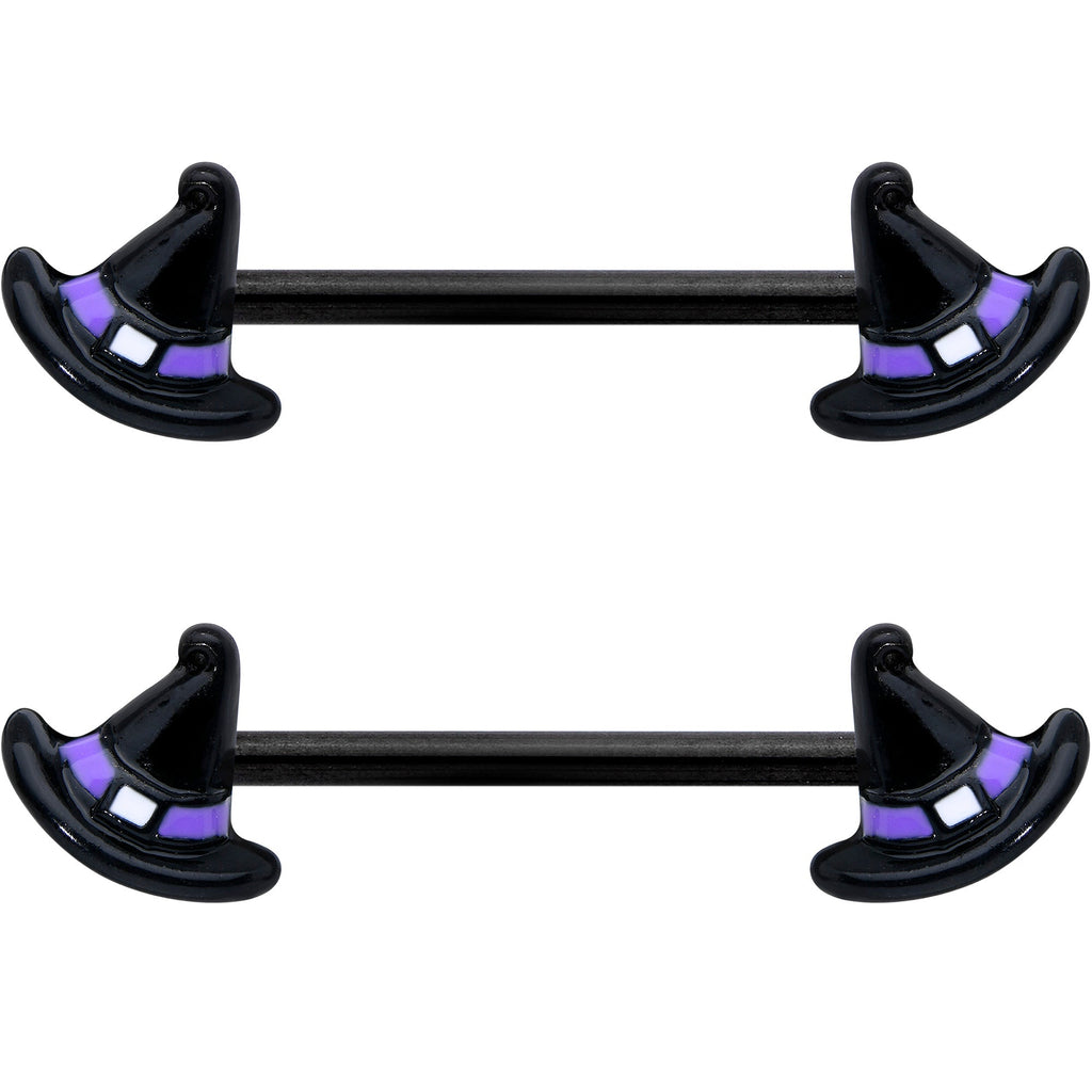 14G 5/8 Black Purple Band Witch Hat Halloween Nipple Ring Set