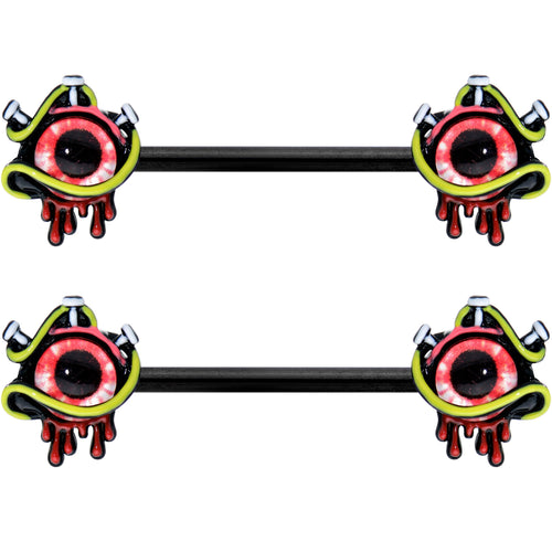 14G 9/16 Black Spiky Eyeball Halloween Barbell Nipple Ring Set