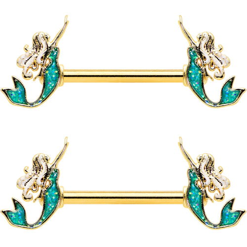 14G 9/16 Green Faux Opal Gold Tone Curvy Mermaid Nipple Ring Set