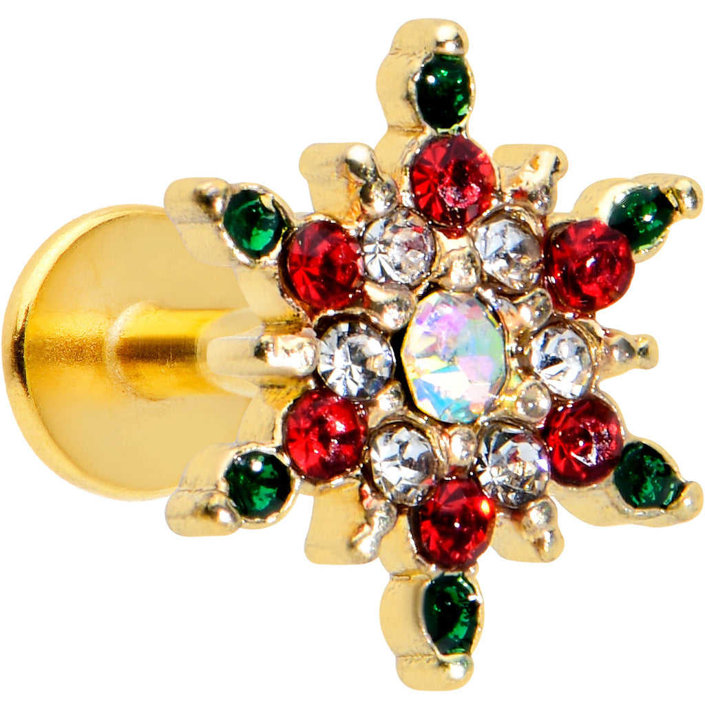 16G 1/4 Red Aurora Gem Gold Tone Christmas Star Labret Tragus