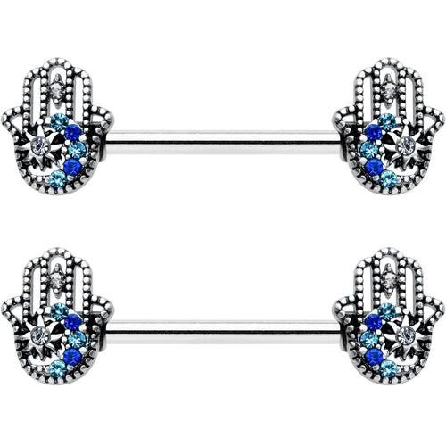 14G 9/16 Clear Blue Gem Textured Hamsa Hand Nipple Ring Set