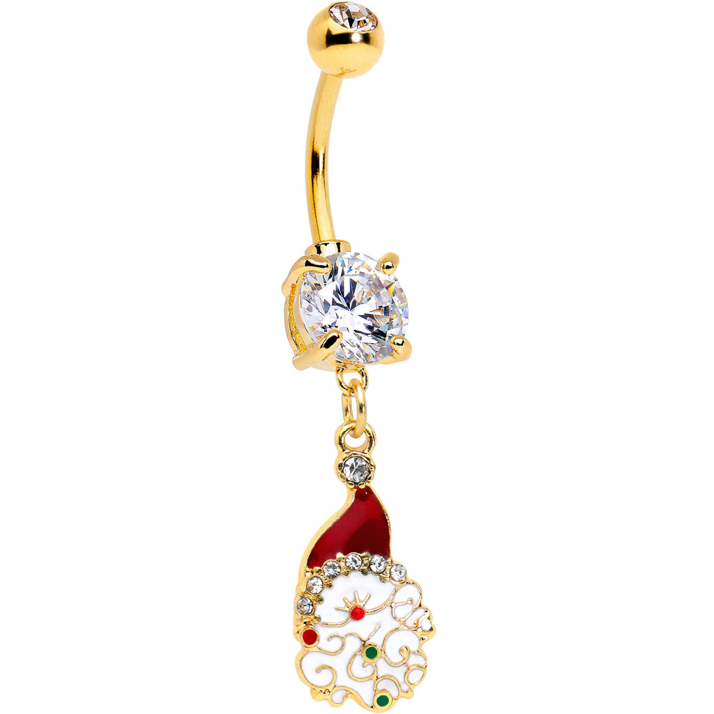 Clear Gem Gold Tone Decorated Santa Christmas Holiday Dangle Belly Ring