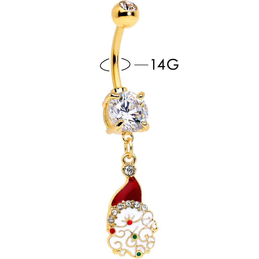 Clear Gem Gold Tone Decorated Santa Christmas Holiday Dangle Belly Ring