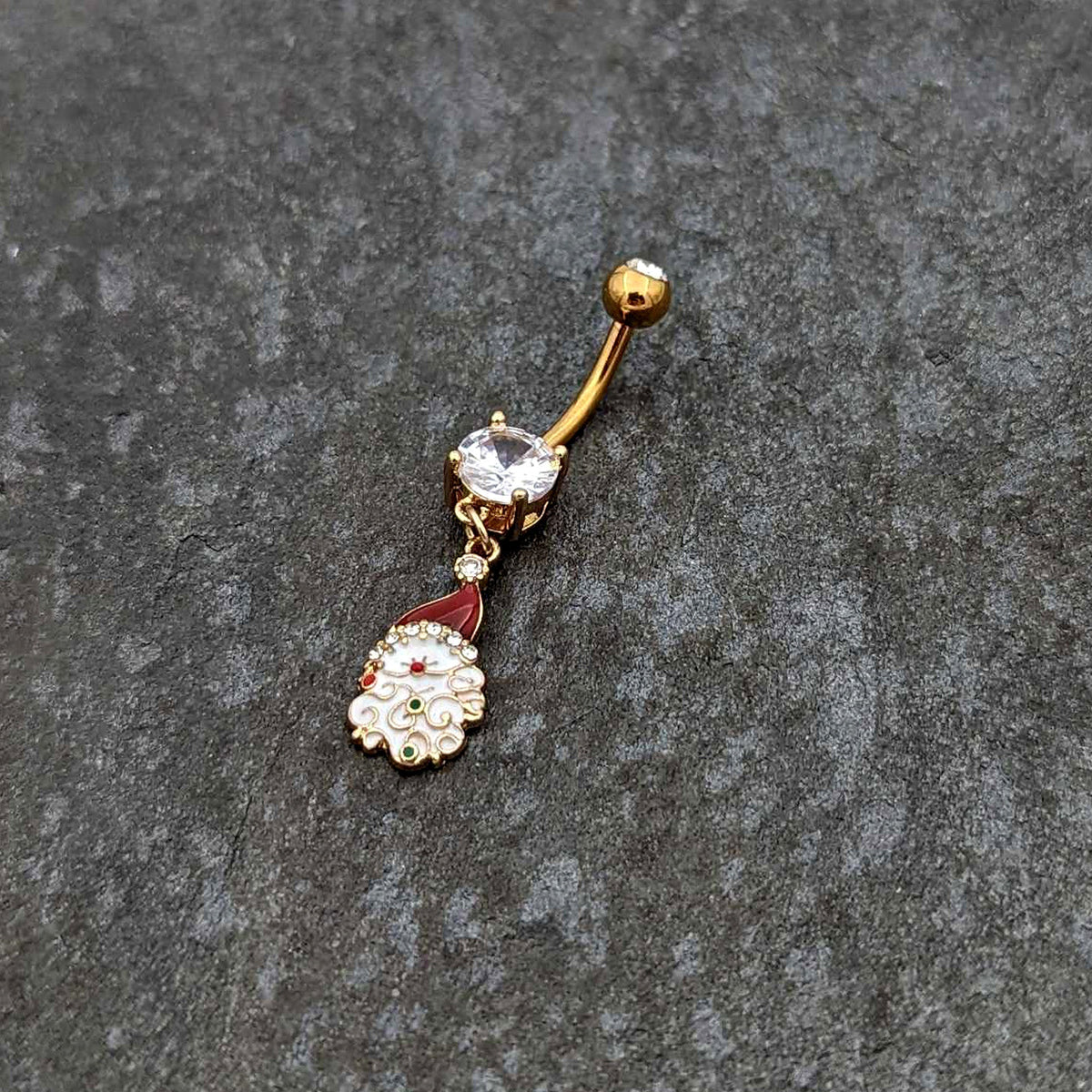 Clear Gem Gold Tone Decorated Santa Christmas Holiday Dangle Belly Ring