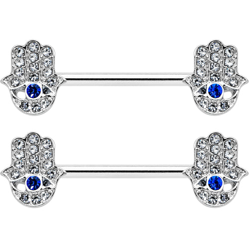 14G 9/16 Clear Blue Gem Eye Hamsa Hand Barbell Nipple Ring Set