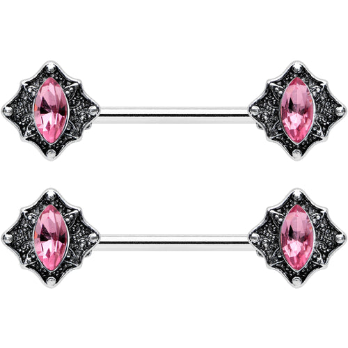 14G 9/16 Pink Gem Rhombus Retro Barbell Nipple Ring Set