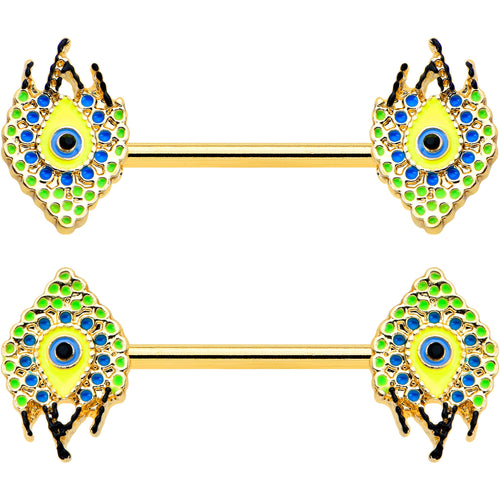 14G 9/16 Gold Tone Bold Peacock Feather Barbell Nipple Ring Set