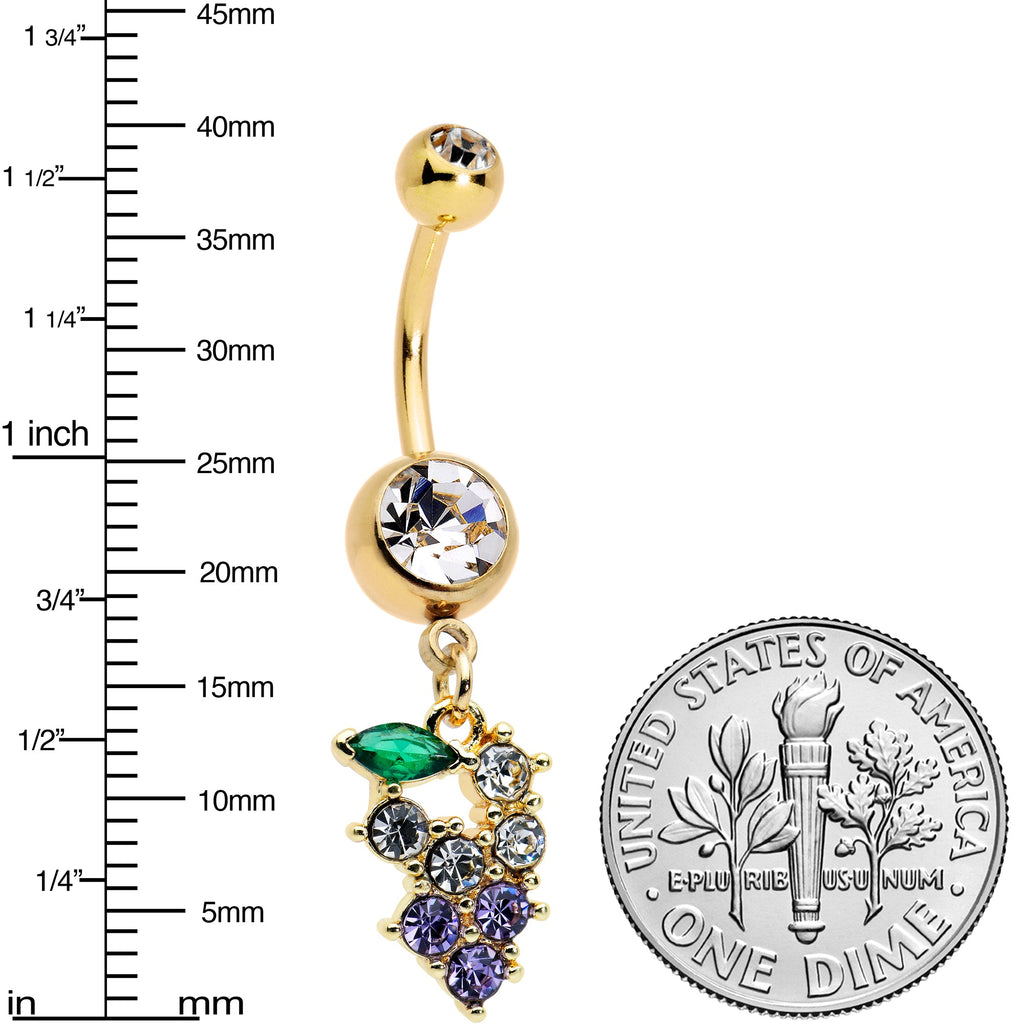 Clear Purple CZ Gem Gold Tone Bunch Grapes Dangle Belly Ring