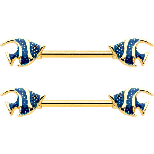 14G 9/16 Gold Tone Blue Stripe Adorable Angelfish Nipple Ring Set