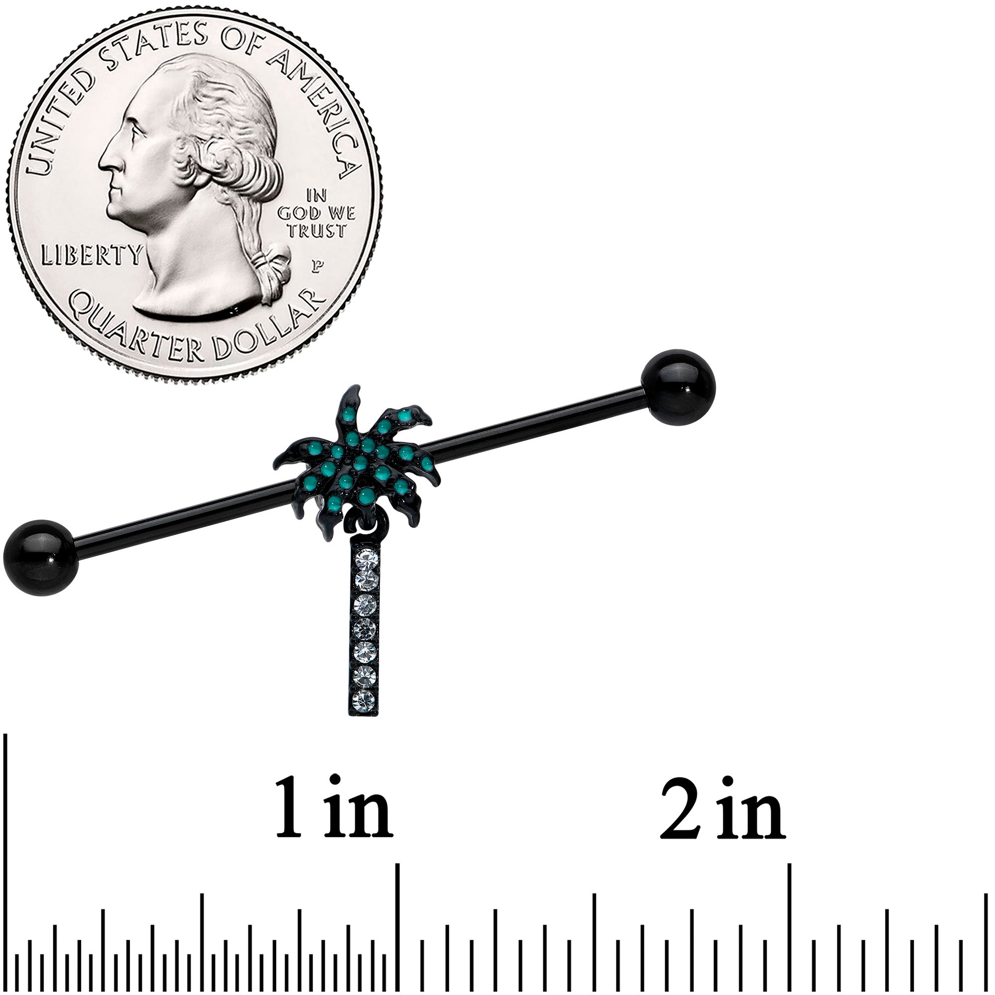 14G Clear Gem Black Night Palm Tree Dangle Industrial Barbell 38mm