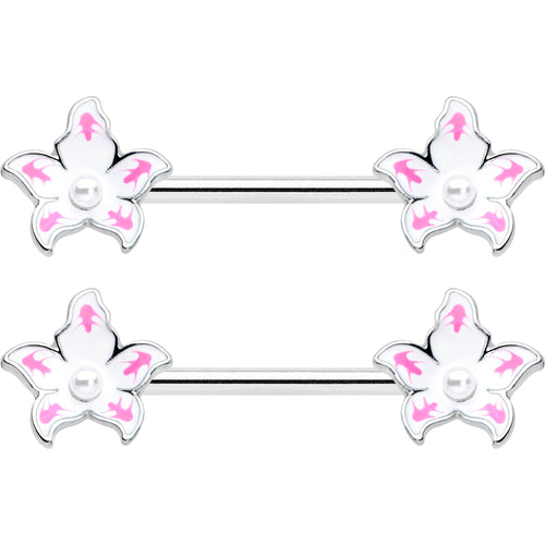 14G 9/16 Pearlescent Orb Pink White Flower Barbell Nipple Ring Set