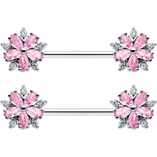 14G 9/16 Pink CZ Gem Floral Burst Barbell Nipple Ring Set