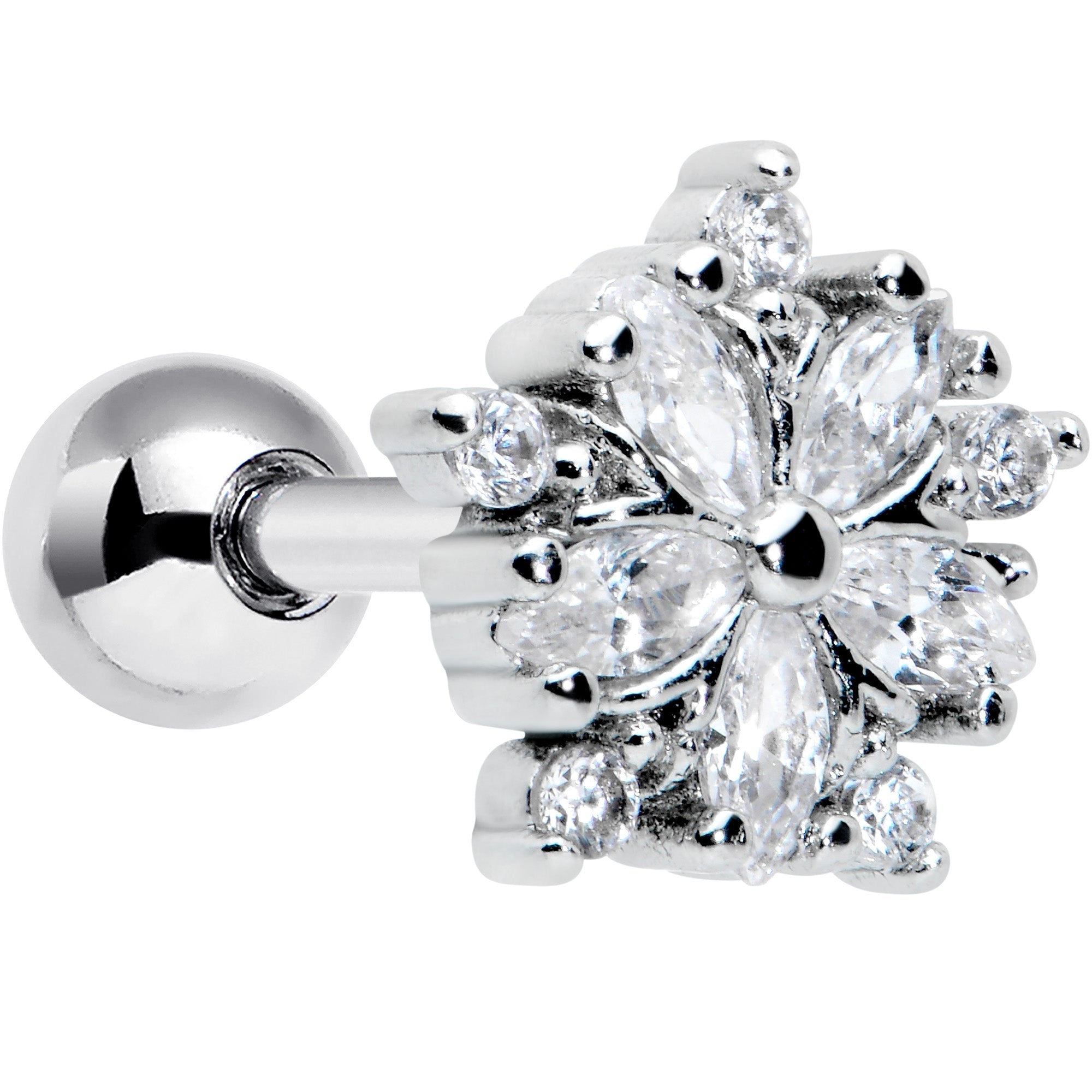 16G 1/4 Clear CZ Gem Floral Burst Cartilage Tragus Earring