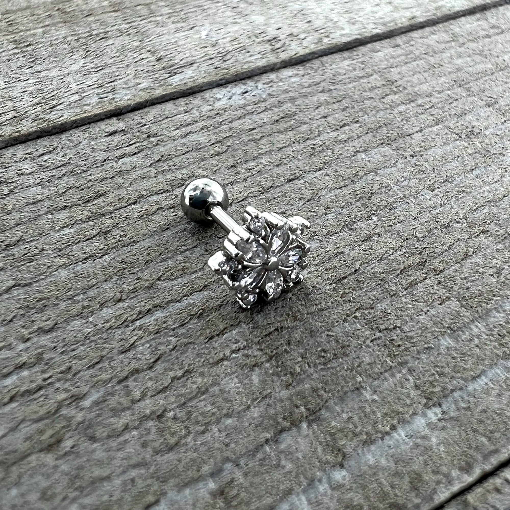 16G 1/4 Clear CZ Gem Floral Burst Cartilage Tragus Earring