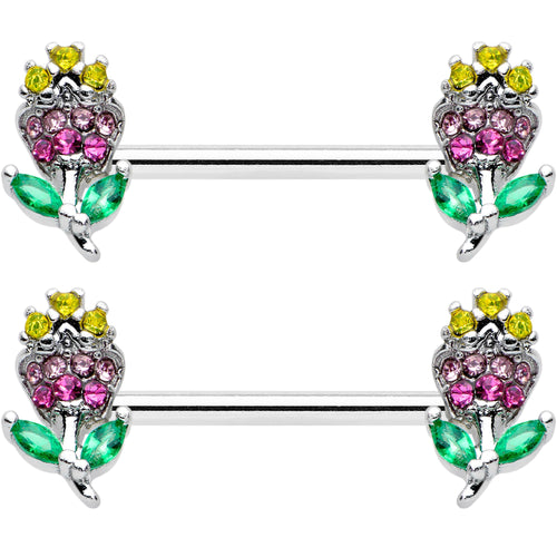 14G 9/16 Green Pink Gem Mardi Gras Flower Barbell Nipple Ring Set