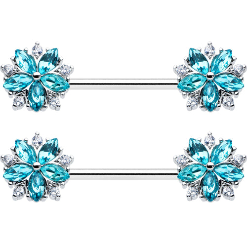14G 9/16 Blue CZ Gem Floral Burst Barbell Nipple Ring Set