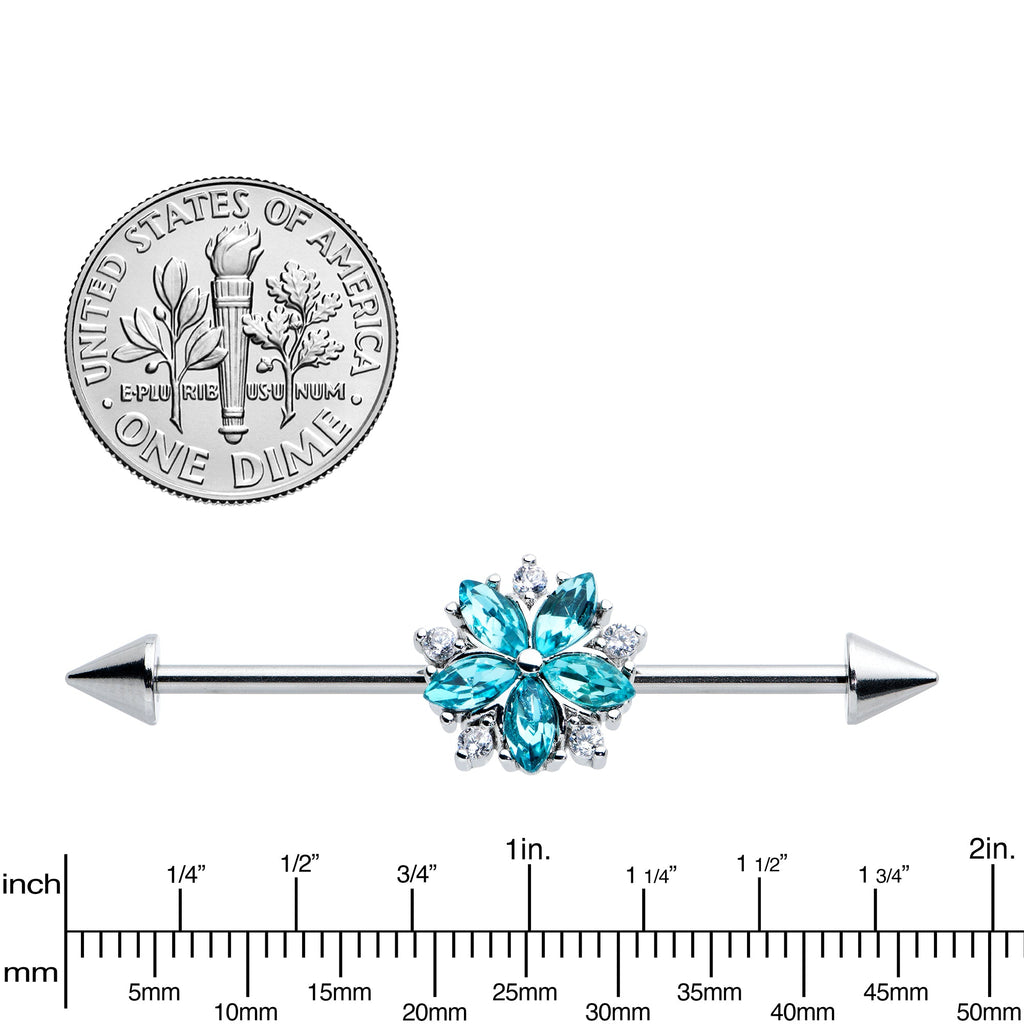 14G Blue CZ Gem Floral Baroque Burst Cone Industrial Barbell 38mm