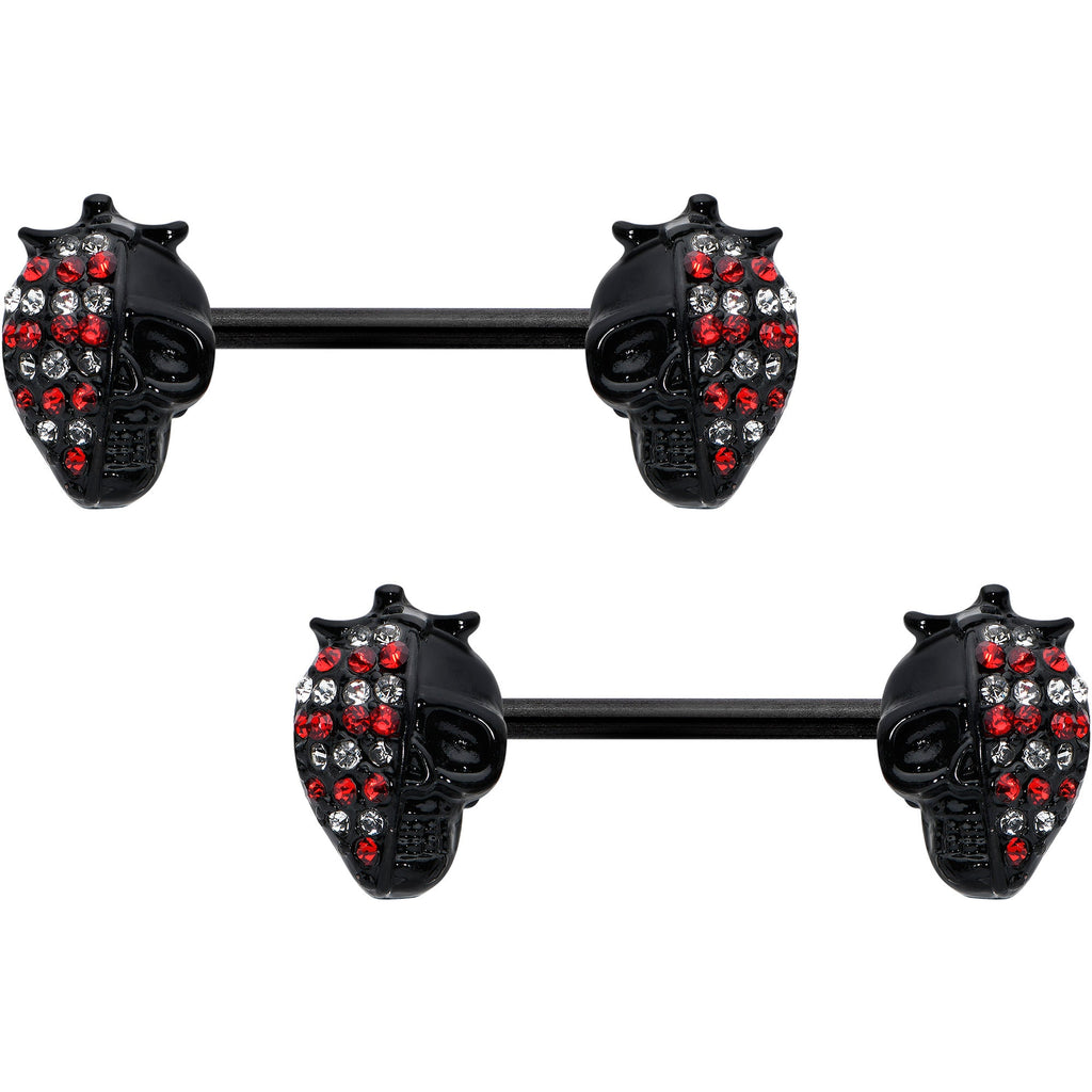 14G 9/16 Red Gem Black Skull Halloween Barbell Nipple Ring Set