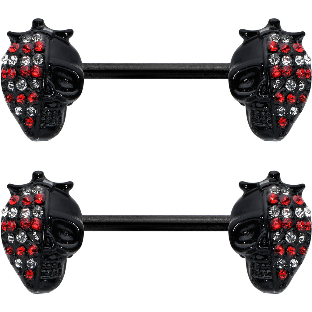 14G 9/16 Red Gem Black Skull Halloween Barbell Nipple Ring Set