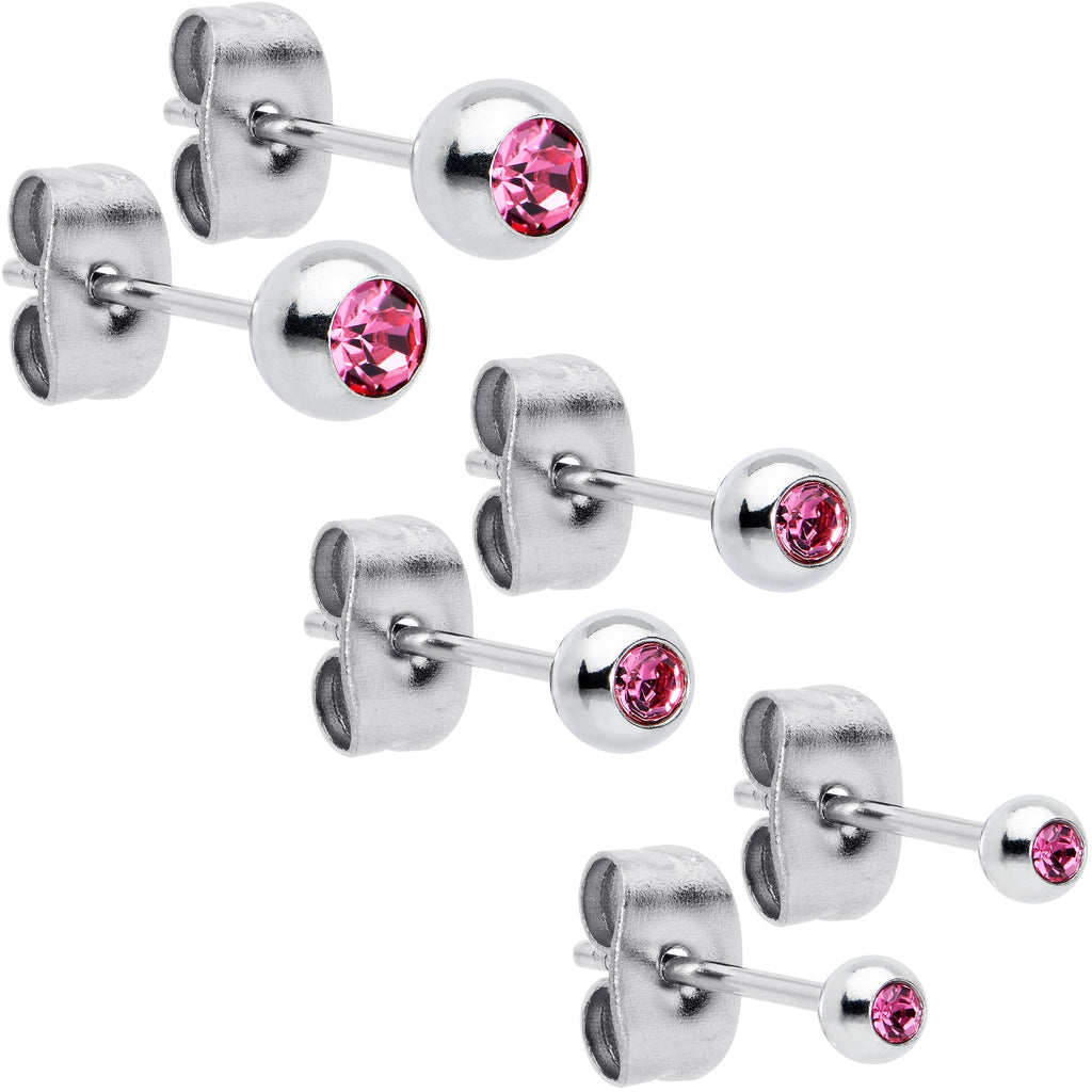 Pink Gem 3mm to 5mm Ball End Stud Earrings Set of 3