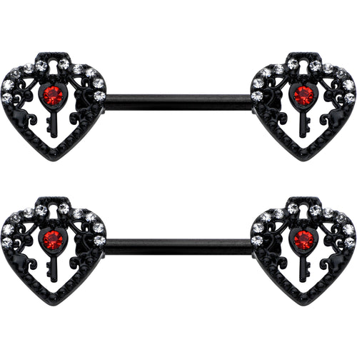 14G 9/16 Red Clear Gem Black Key Heart Barbell Nipple Ring Set