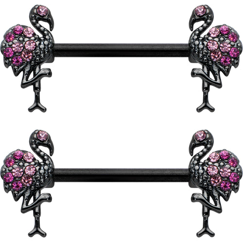 14G 9/16 Pink Gem Black Fashion Flamingo Barbell Nipple Ring Set