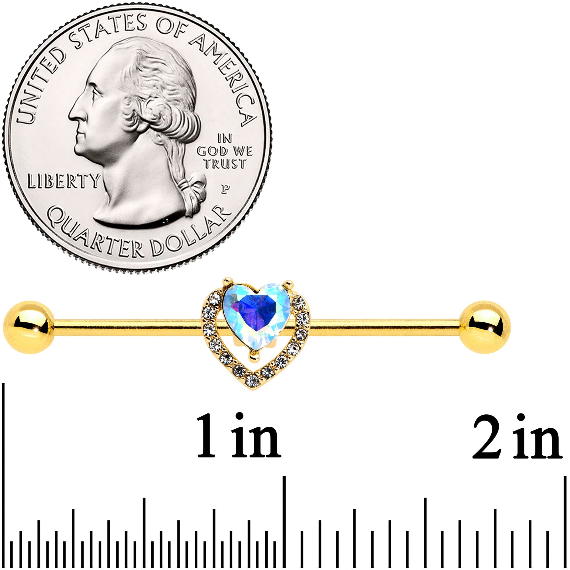 14G Aurora Gem Gold Hue Rococo Heart Industrial Barbell 38mm