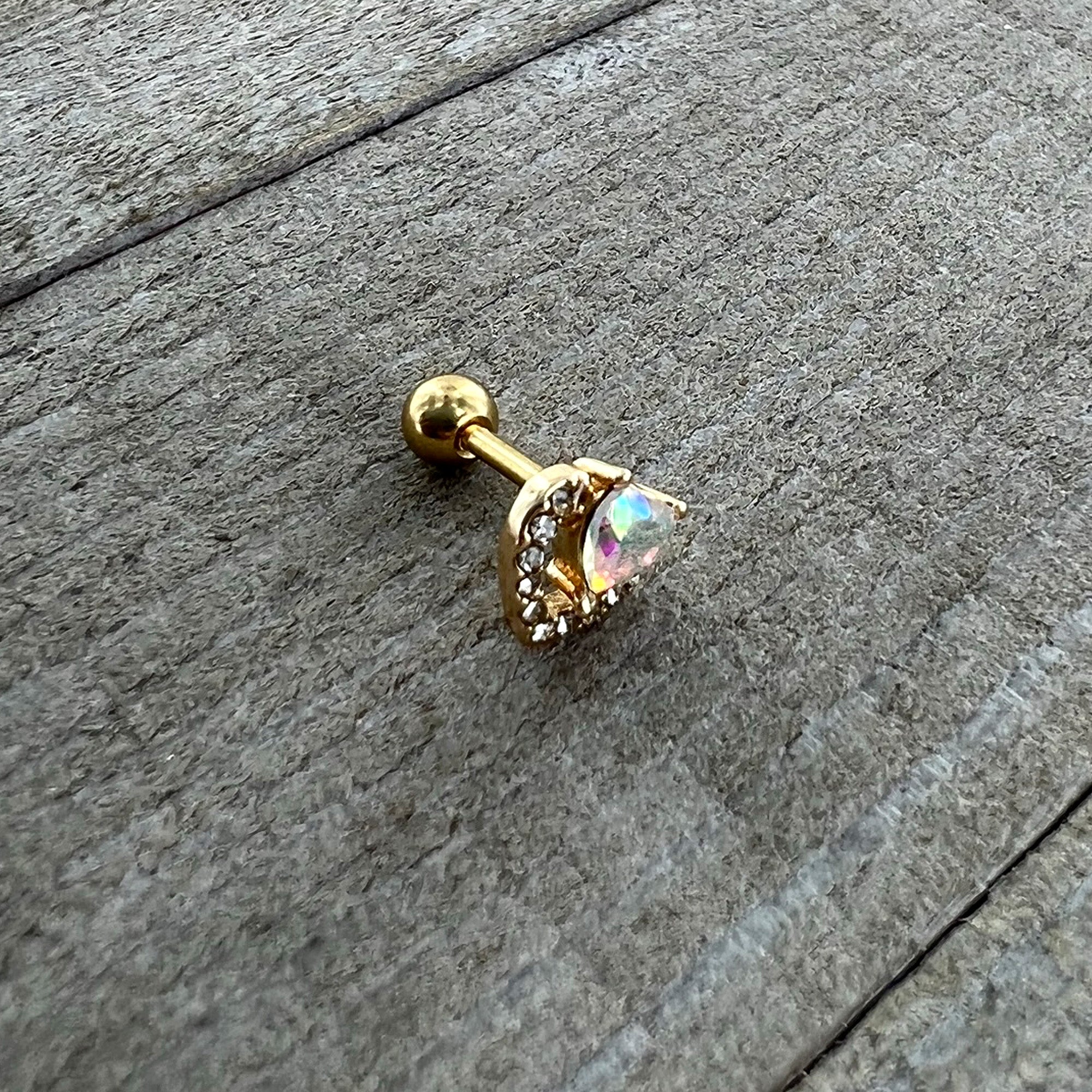 16G 1/4 Aurora Gem Gold Tone Rococo Heart Cartilage Tragus Earring