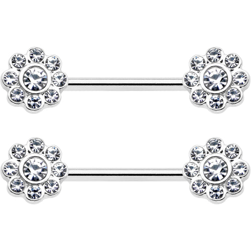 14G 9/16 Clear Gem Whimsy Flower Barbell Nipple Ring Set