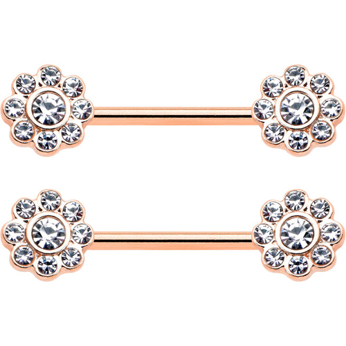 14G 9/16 Clear Gem Rosy Tone Whimsy Flower Barbell Nipple Ring Set