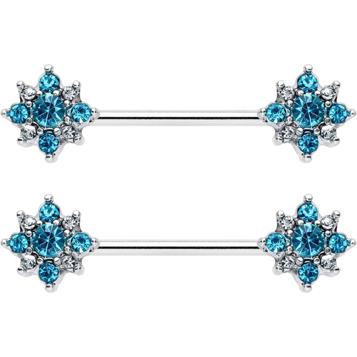 14G 9/16 Clear Blue Gem Opulent Flower Barbell Nipple Ring Set