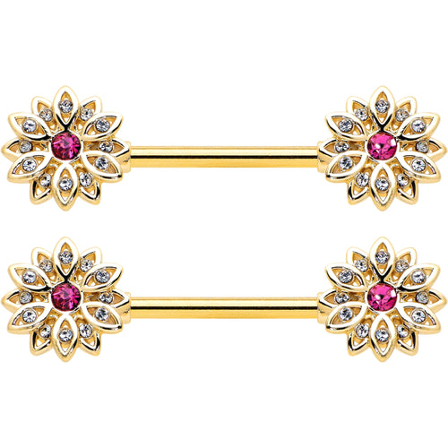 14G 9/16 Clear Pink Gem Gold Tone Starry Flower Nipple Ring Set
