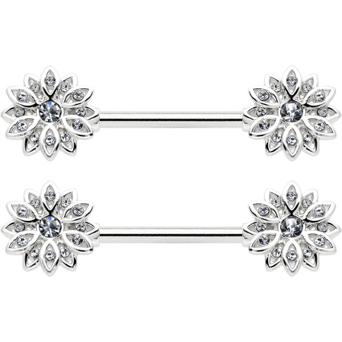 14G 9/16 Clear Gem Rococo Starry Flower Barbell Nipple Ring Set
