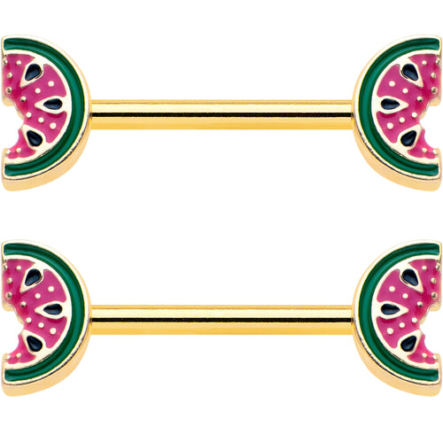 14G 9/16 Gold Tone Watermelon Bite Barbell Nipple Ring Set
