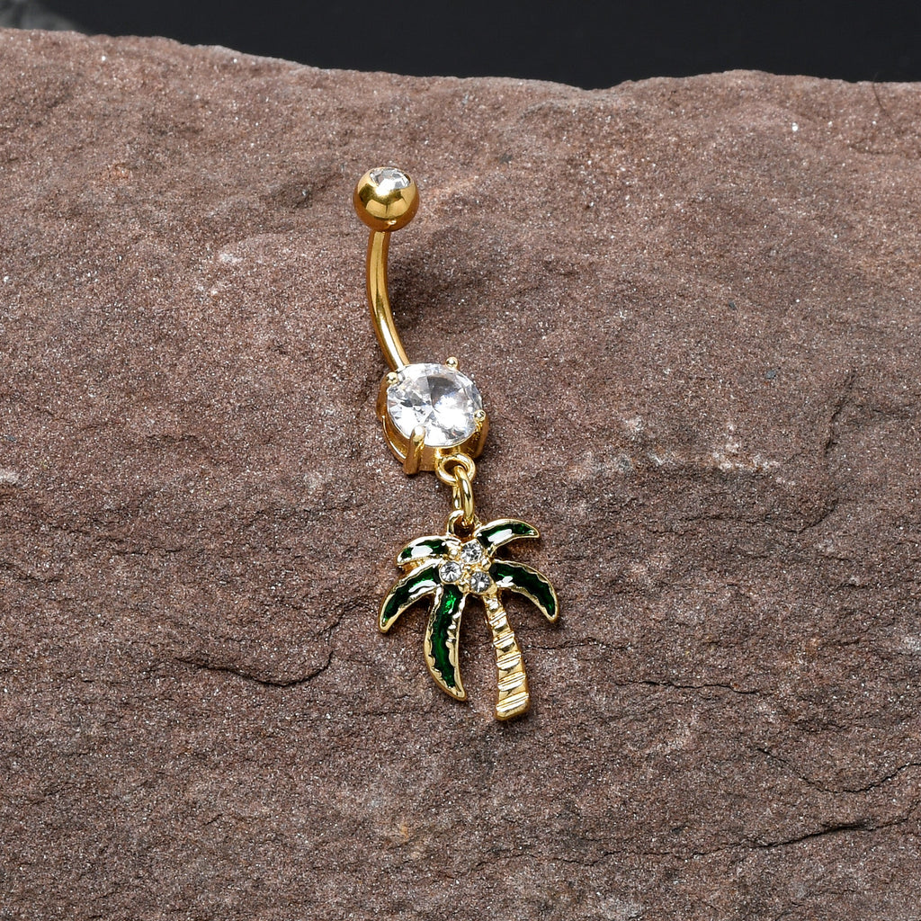 Clear Gem Gold Tone Palm Tree Style Dangle Belly Ring
