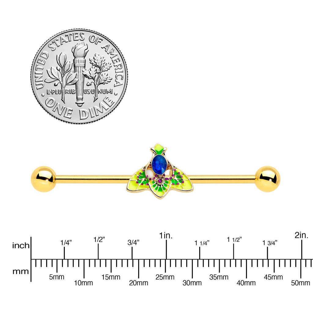 14G Blue Purple Gem Gold Tone Tropic Fan Industrial Barbell 38mm