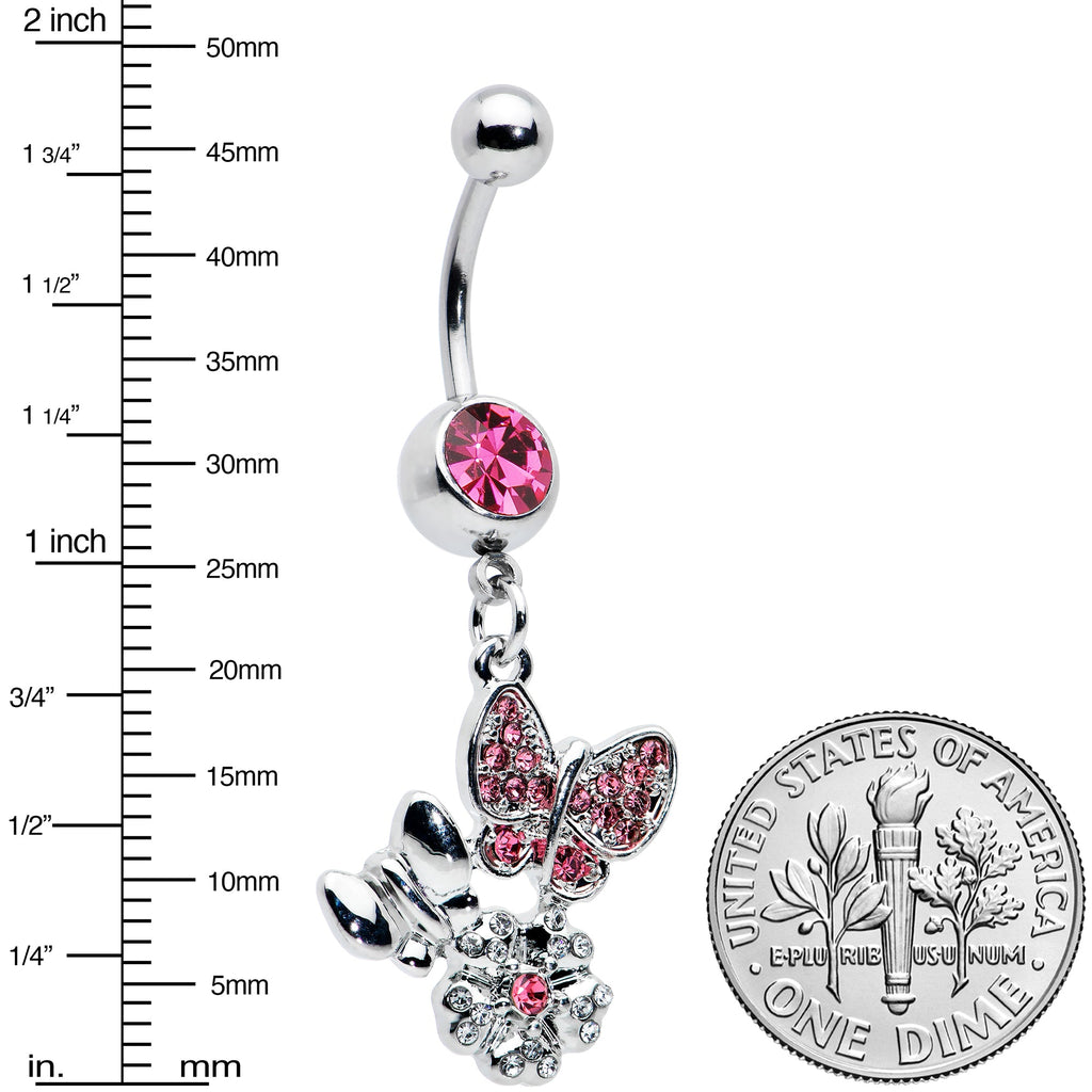 Pink Gem Butterflies Tiny Flower Dangle Belly Ring