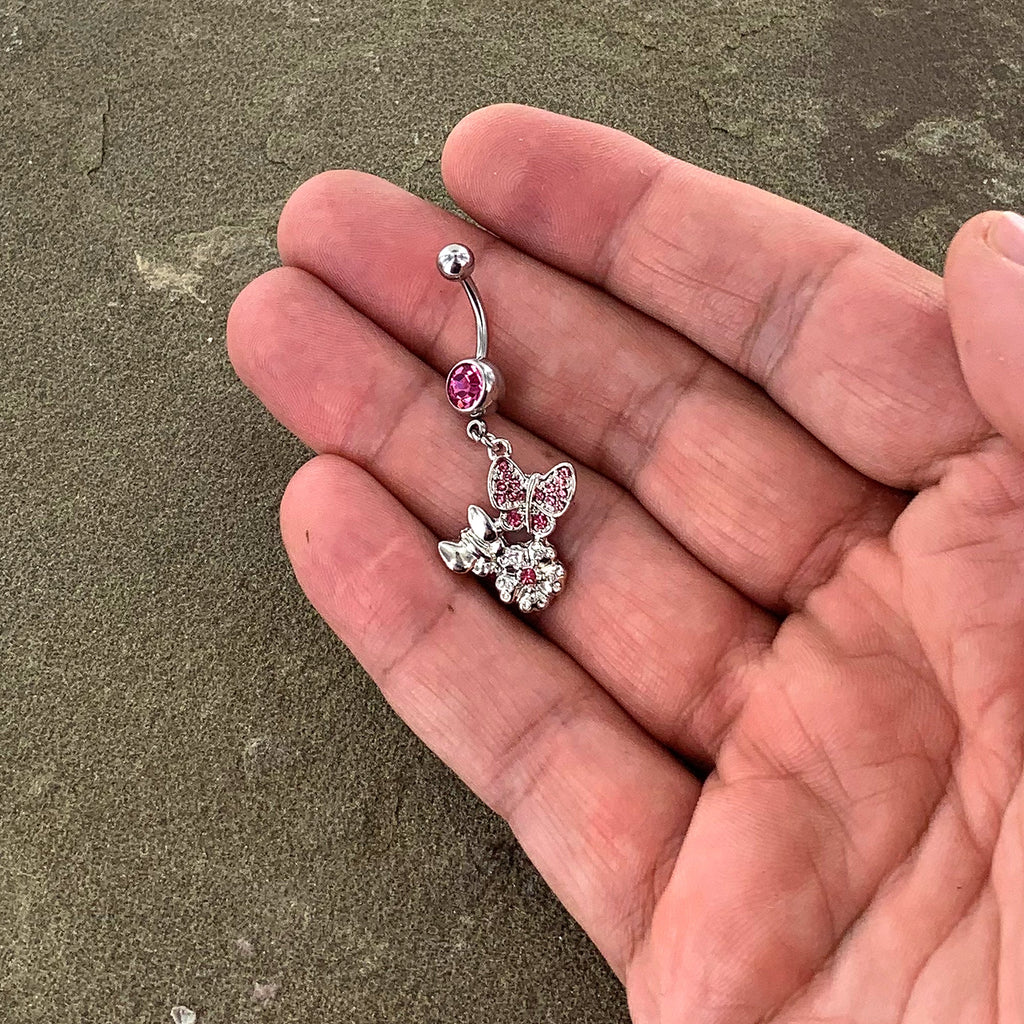 Pink Gem Butterflies Tiny Flower Dangle Belly Ring