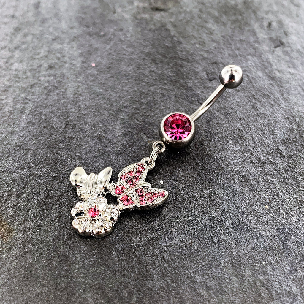 Pink Gem Butterflies Tiny Flower Dangle Belly Ring
