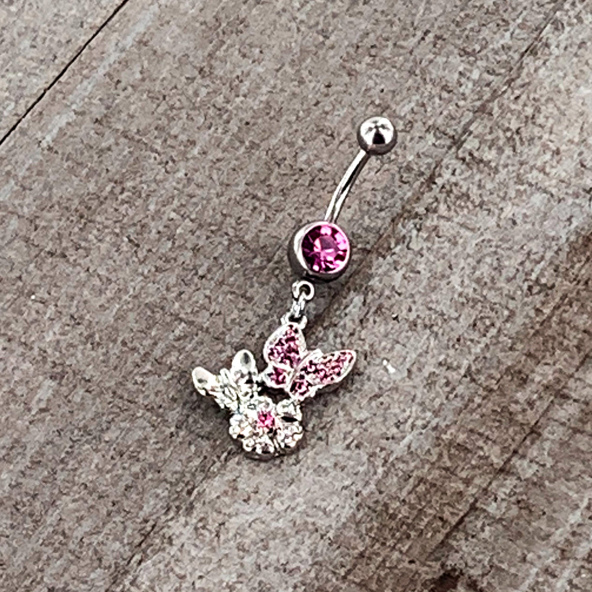 Pink Gem Butterflies Tiny Flower Dangle Belly Ring