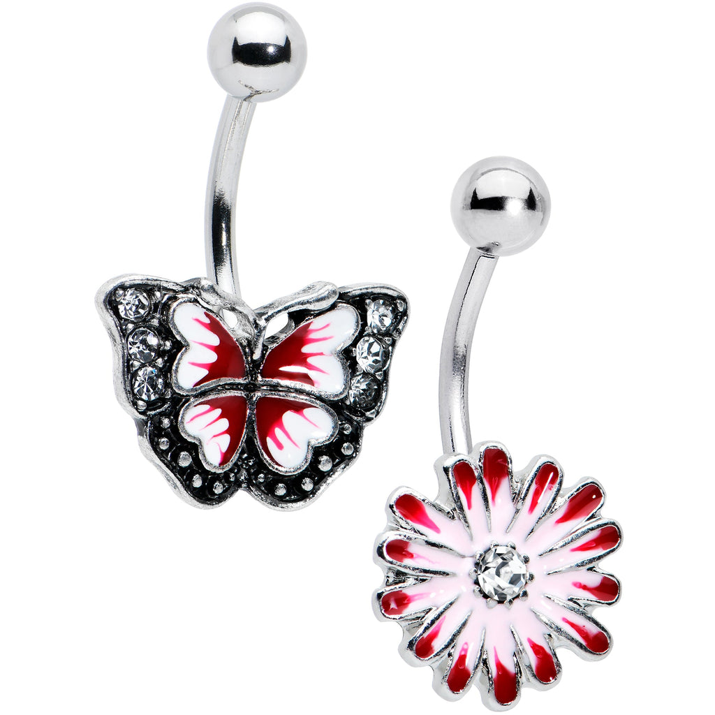 Clear Gem Red Light Pink Butterfly Flower Belly Ring Set of 2