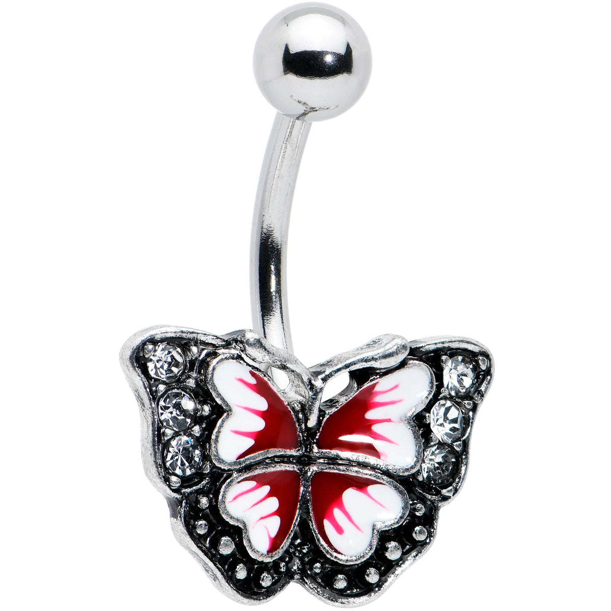 Clear Gem Red Light Pink Butterfly Flower Belly Ring Set of 2