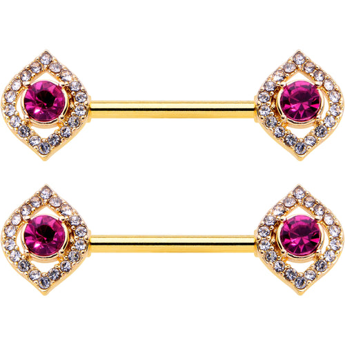 14G 9/16 Clear Pink Gem Gold Tone Open Eye Barbell Nipple Ring Set