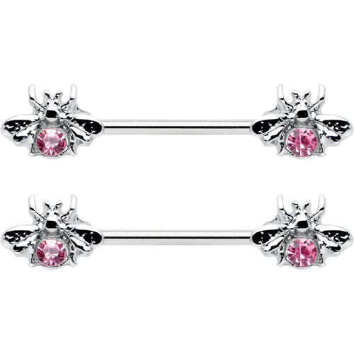 14G 9/16 Pink Gem Bee Beautiful Insect Barbell Nipple Ring Set