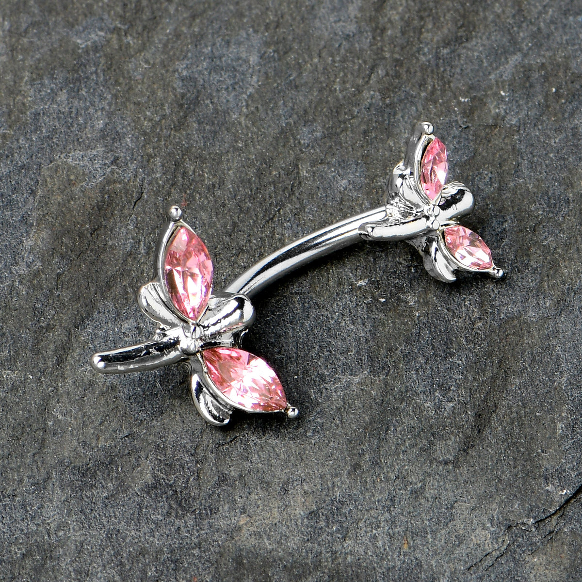 Pink Gem Simple Stylized Dragonfly Double Mount Belly Ring
