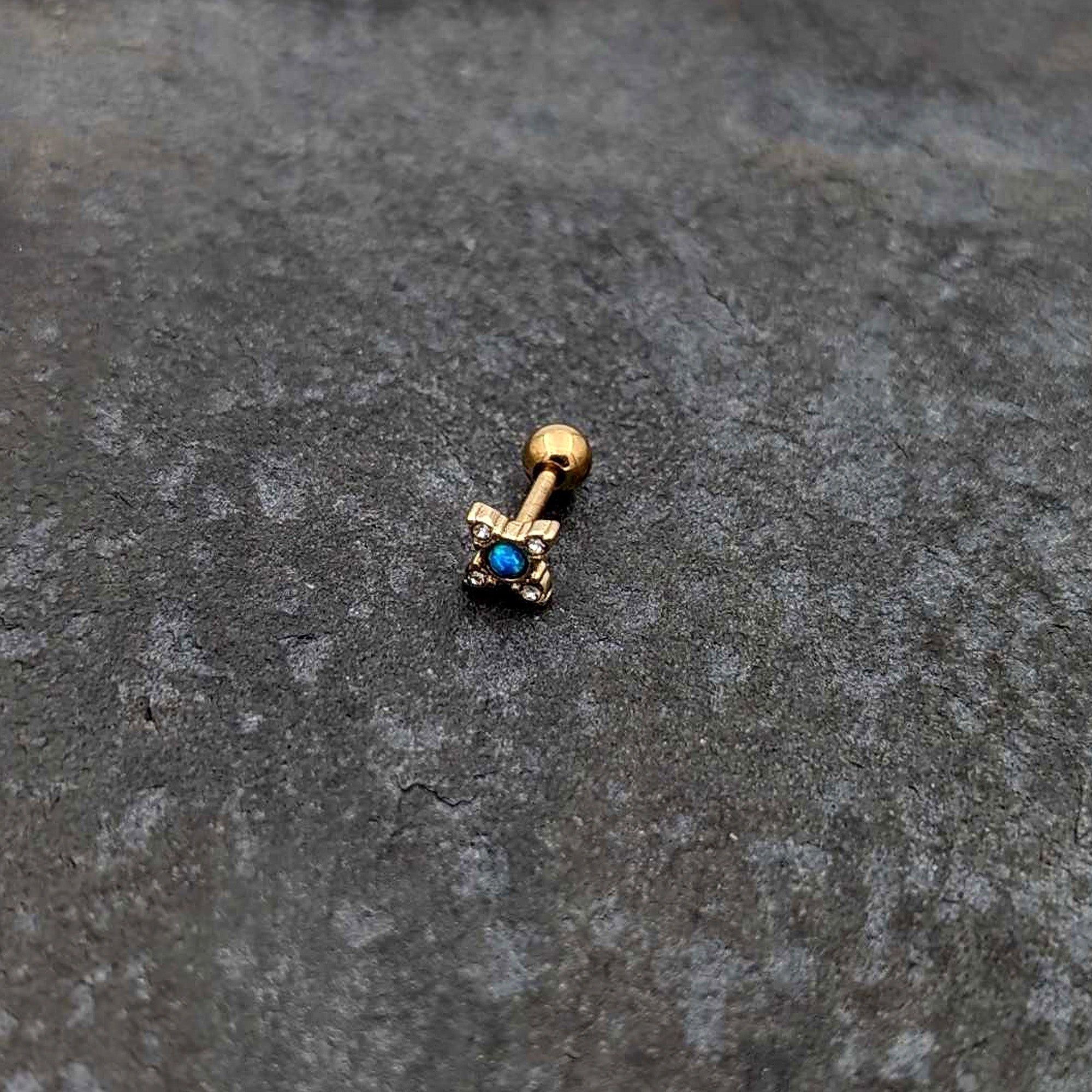 16G 1/4 Blue Synthetic Opal Gold Tone Rhombus Cartilage Earring