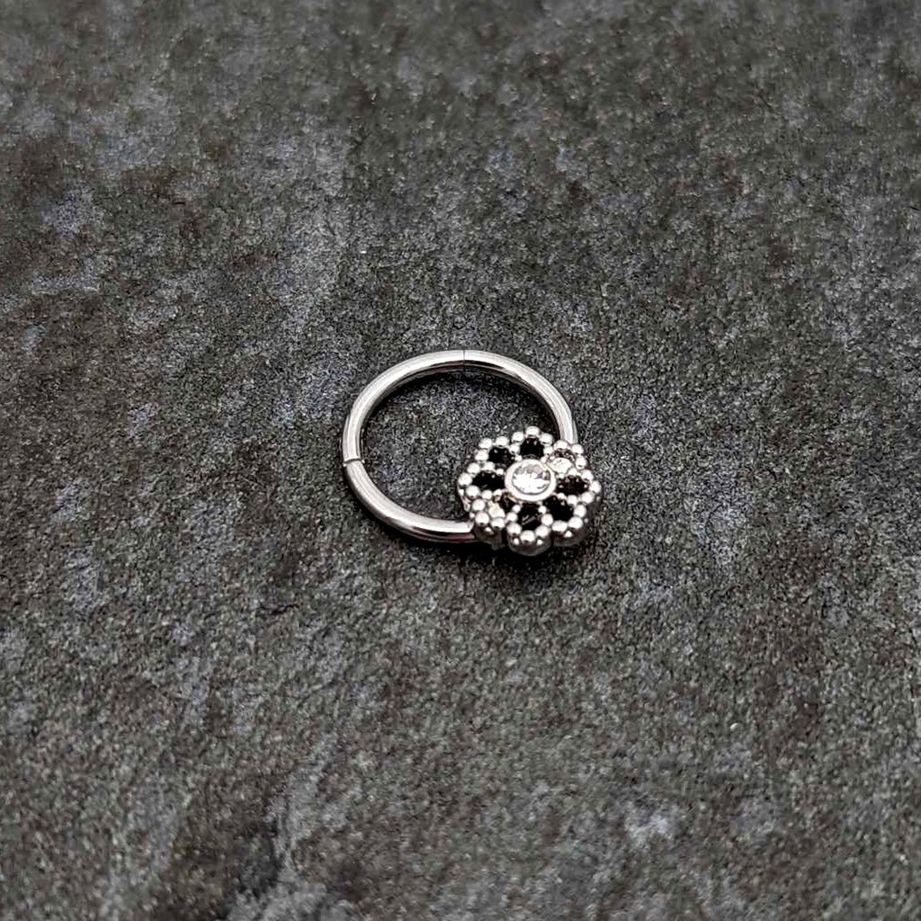 16G 3/8 Clear Gem Epic Fabulous Flower Hinged Segment Ring